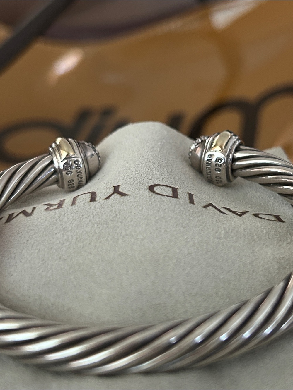 David Yurman Sterling Cable Bracelet with Yellow Gold and Diamond Terminals - Picture 6 of 6
